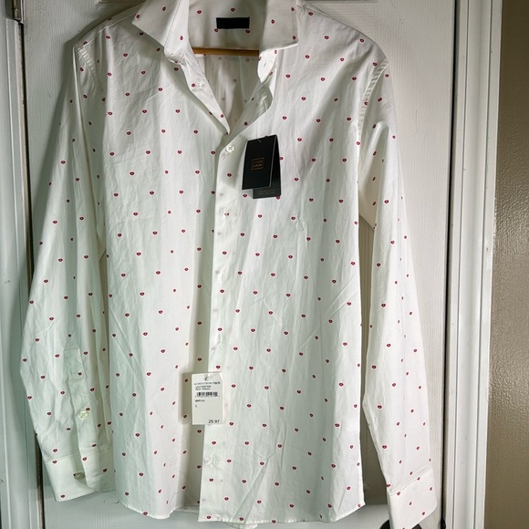 NWT 14th & Union Red 👄 Button Down White Shirt Trim Fit Men Small 14-14.5” - Picture 1 of 11